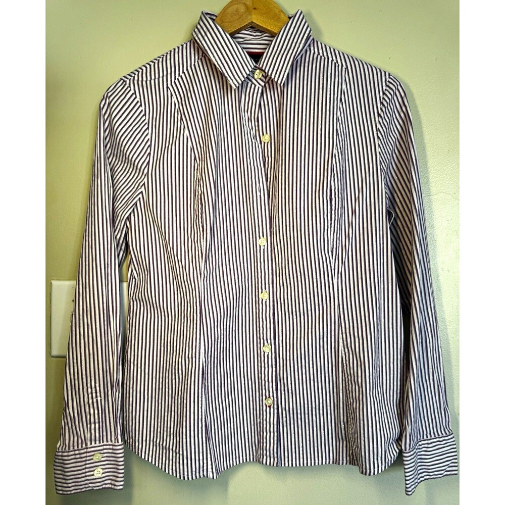 Apostrophe Women's L Purple/White Striped Collared Button-Up Shirt Office-wear